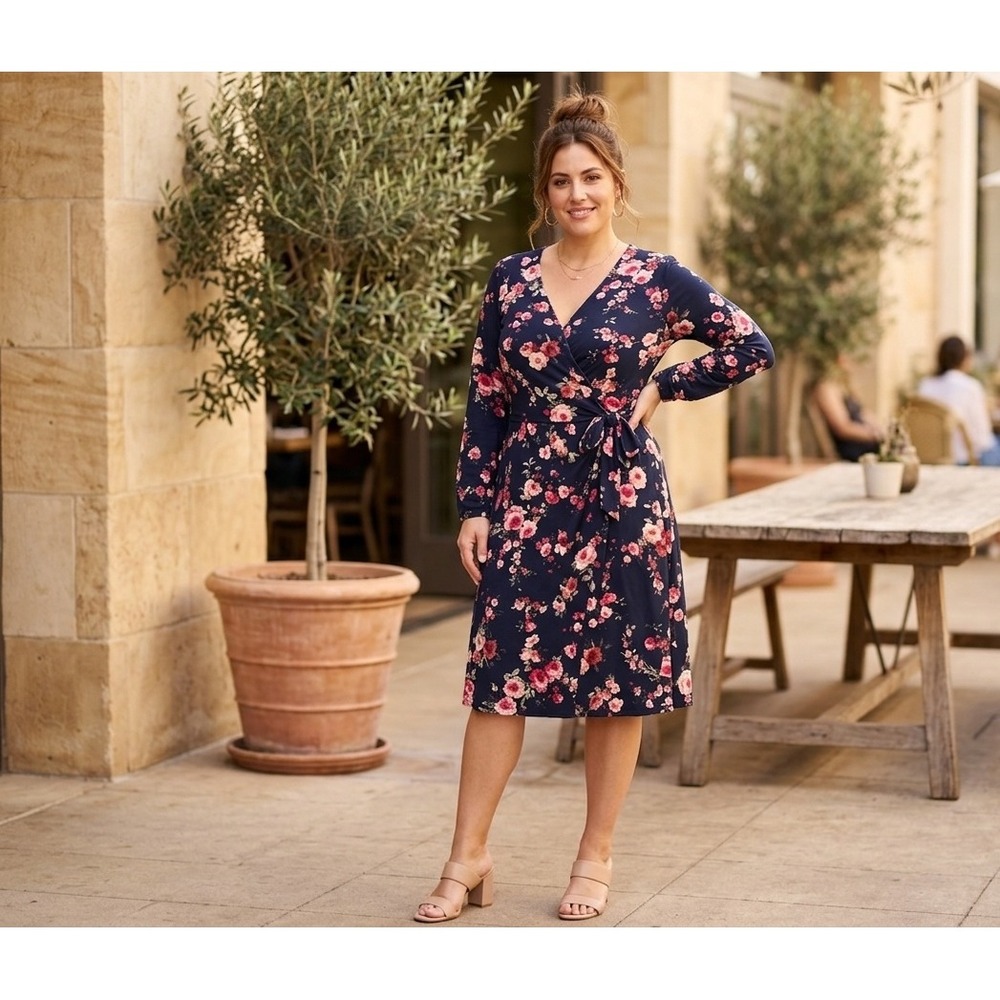 Apt. 9 Womens Navy Pink Floral Faux Wrap Dress Long Sleeve V-Neck Size S RN73277